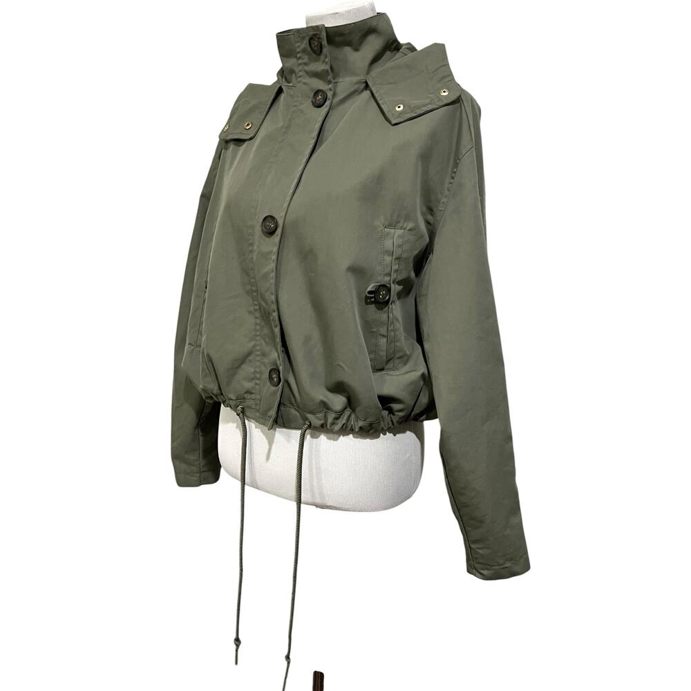 Womens Cropped Utility Jacket Sz M Cargo Coat Hood Pockets Green Adjustable H&M - Picture 4 of 9